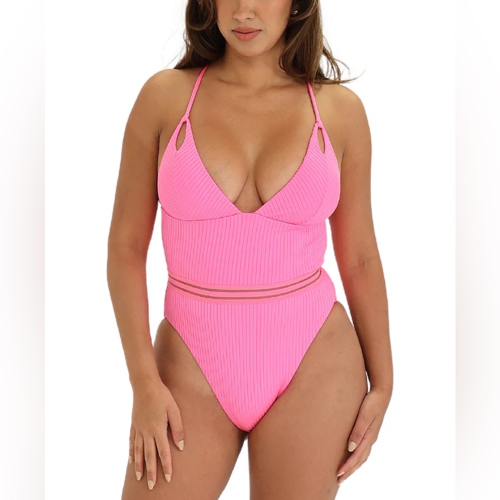 Isabella Rose NWT Queensland high leg neon Barbie pink one piece swimsuit - Picture 2 of 11